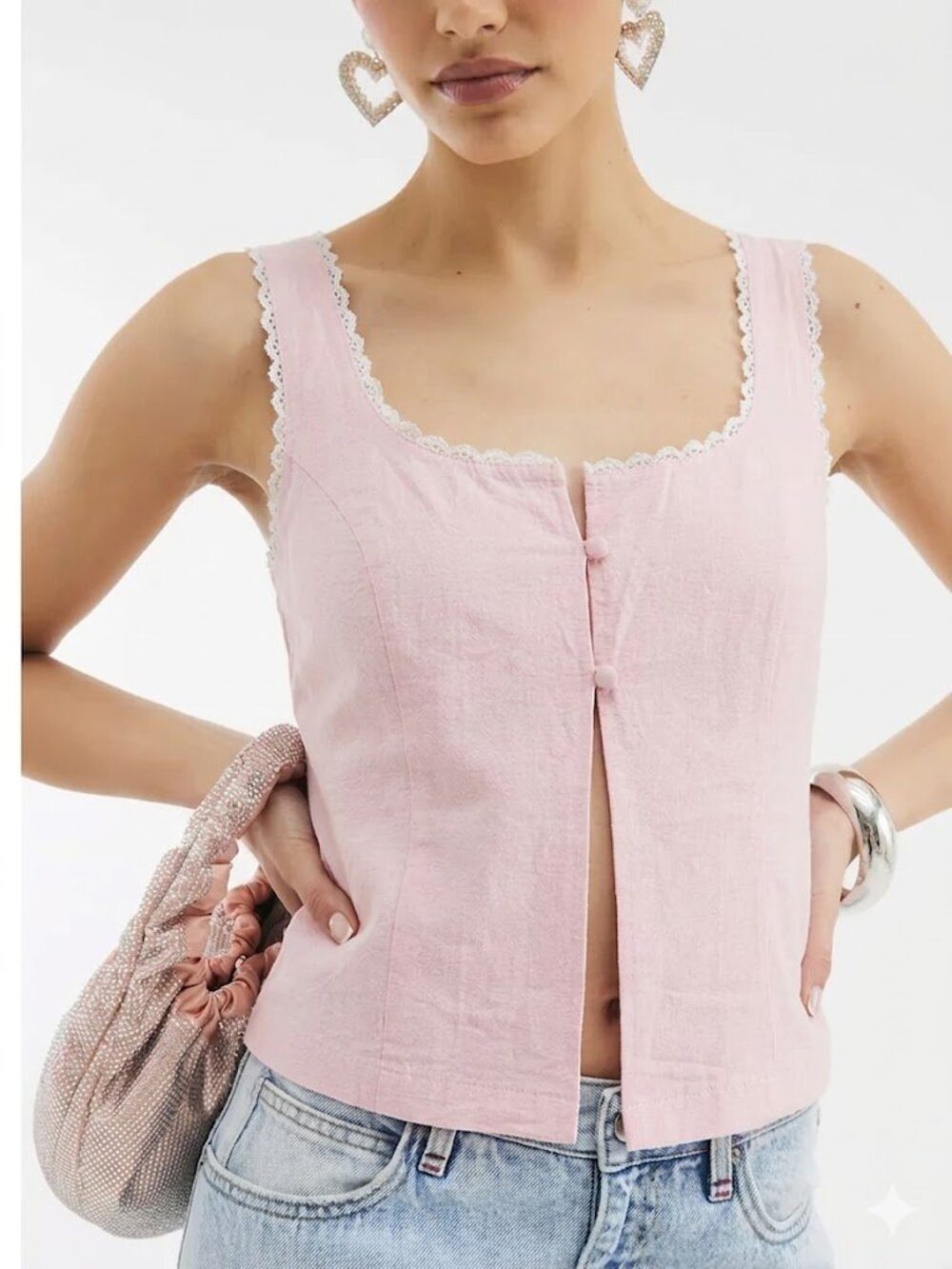 Pink Lace-Trim Linen Tank Top with Tie in size Medium